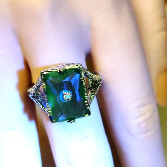 Rainbow Fluorite Filigree Cocktail Ring Size 9.5 Art Deco 925 Sterling Silver - Picture 9 of 16